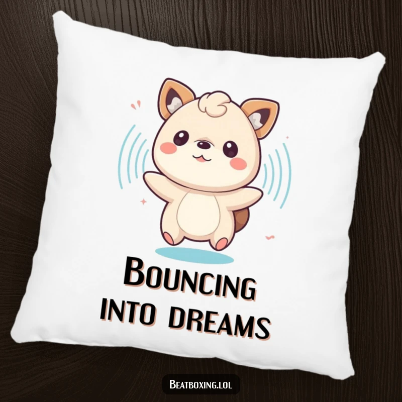 Funny pillow with a bouncing animal character surrounded by pulsing sound waves, for comfortable fun.