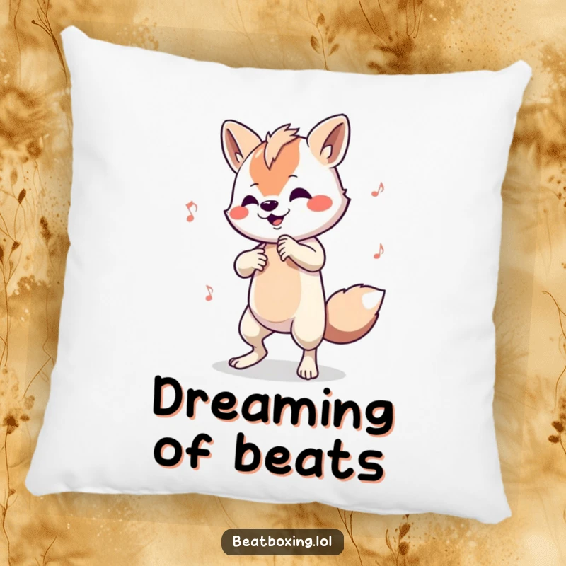Funny pillow with an animal character tapping out a complex beat on its limbs, for rhythmic relaxation.