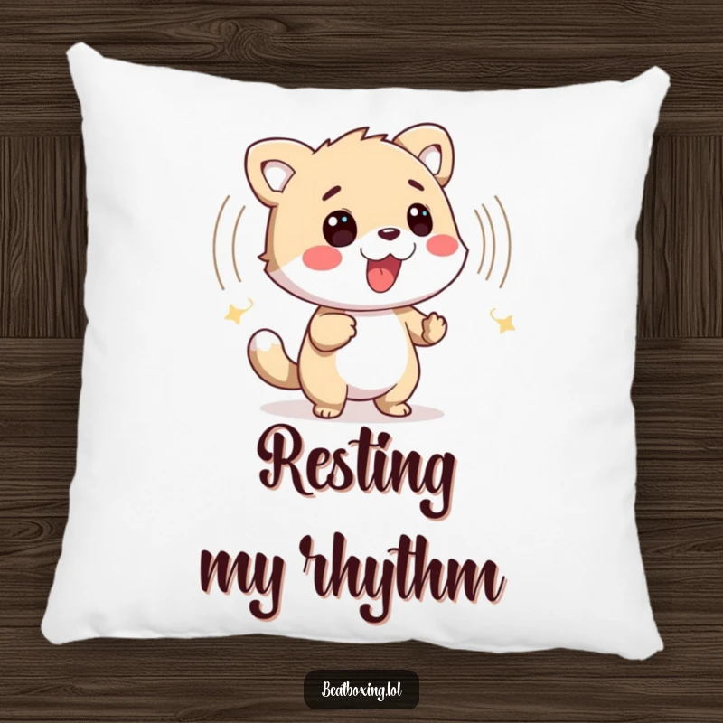 Funny pillow showcasing a friendly animal character generating a visual percussive sound wave, perfect for music fans.