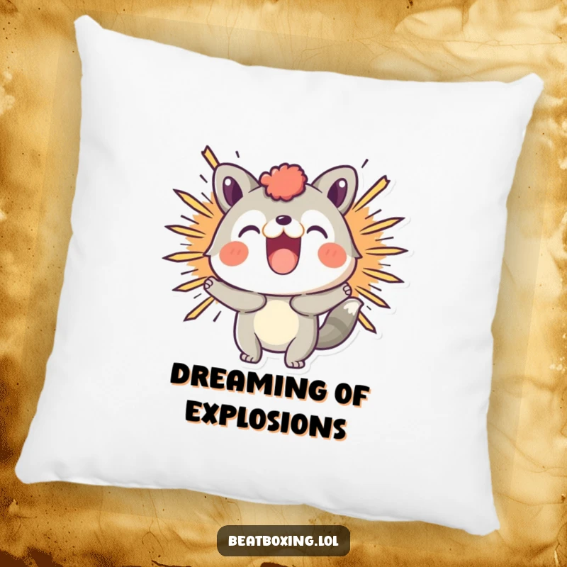 Funny pillow featuring a playful animal character visually making a 'BOOM' sound, perfect for a humorous touch.