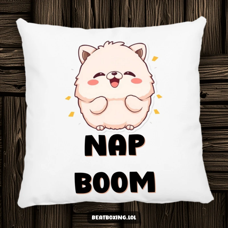 Funny pillow with a fluffy animal character puffing cheeks and making a 'boom' sound, perfect for adding humor to any room.