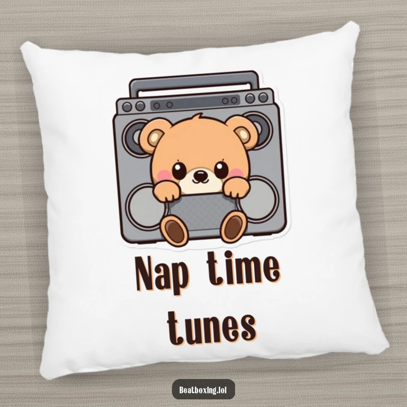 Funny pillow showcasing a curious bear hiding behind a boombox, peeking out with an adorable and humorous expression.