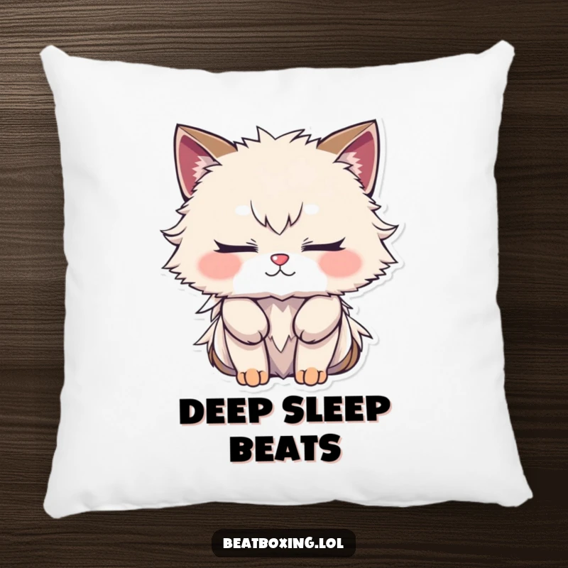 Funny pillow with a furry character, closed eyes, deeply focused on creating a complex rhythm, bringing calm and focus.