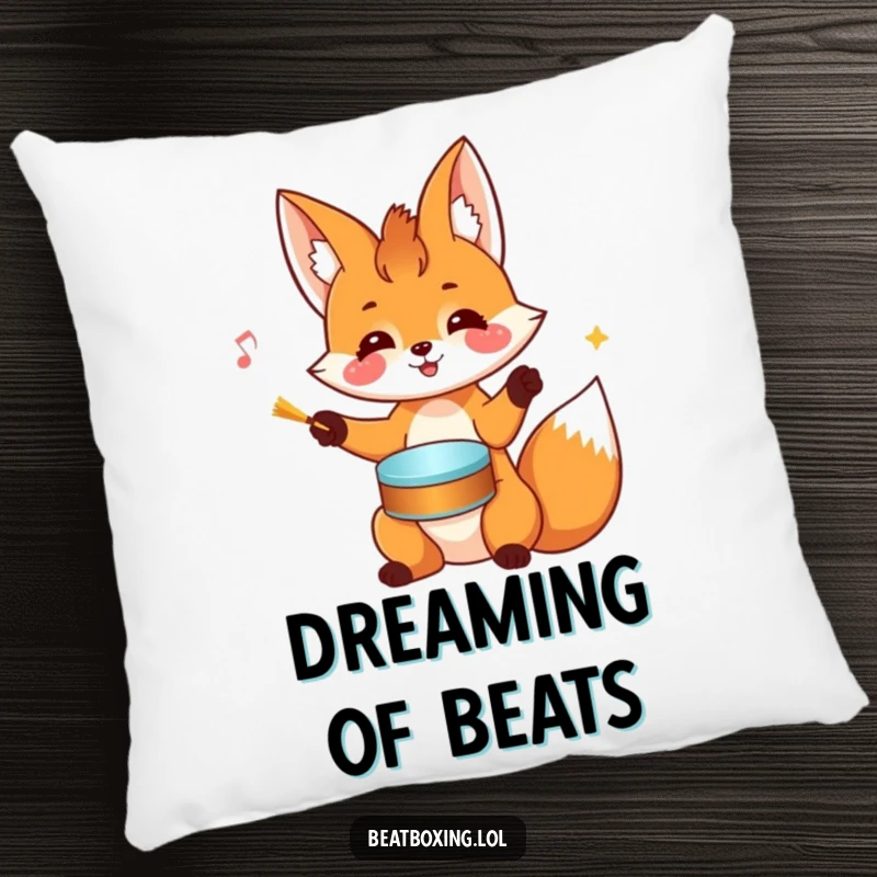 Funny Fox Pillow: A cheerful fox rhythmically drums on its head with its paws, bringing cozy comfort and musical humor.