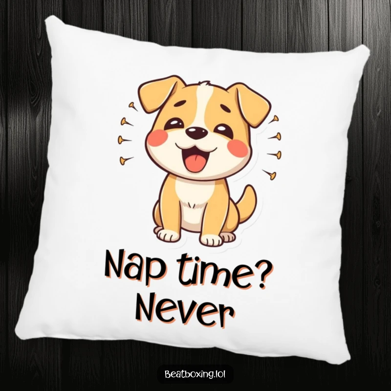 Funny happy dog pillow featuring sound waves from a dog's rhythmic barks, a soft and humorous gift.