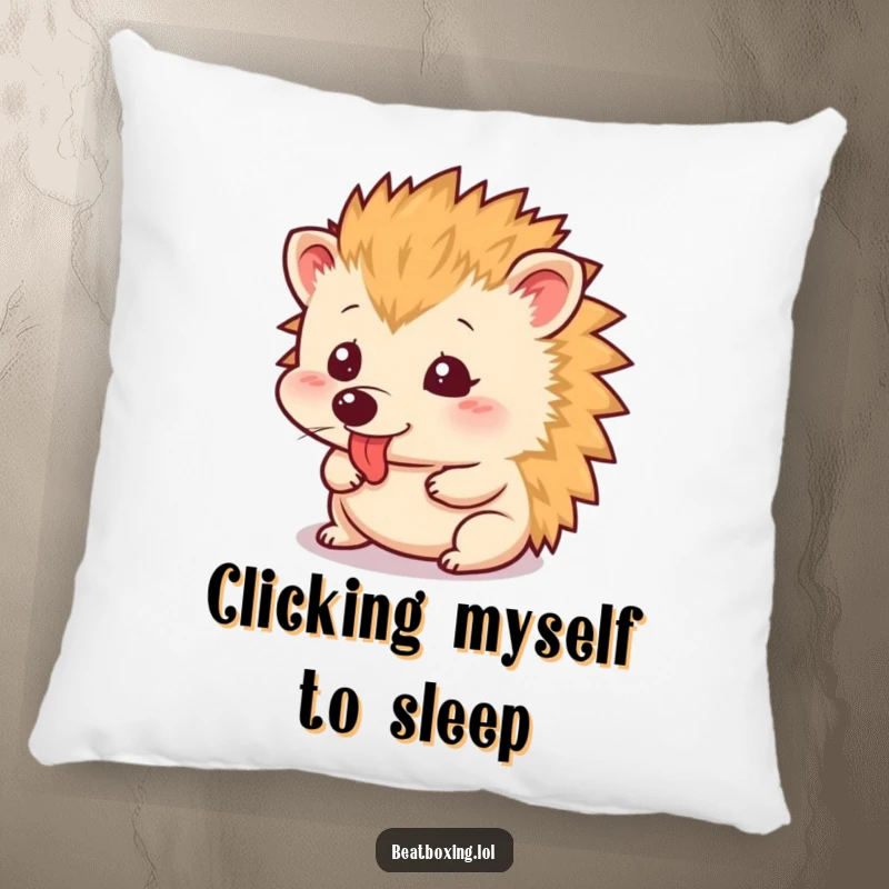 Funny Pillow showcasing a small hedgehog performing its signature rapid tongue clicking, adding humor to any cushion.