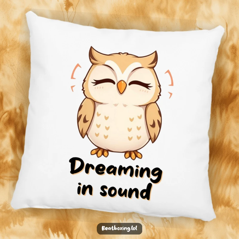Funny Owl Pillow: A delighted owl character humming with closed eyes, emitting sound ripples, perfect for plush comfort.