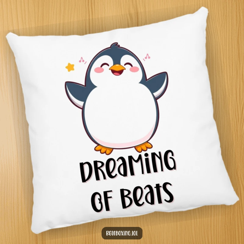 Funny penguin pillow featuring a joyous character vibrating with internal rhythm and hip movements, a soft and humorous accent.