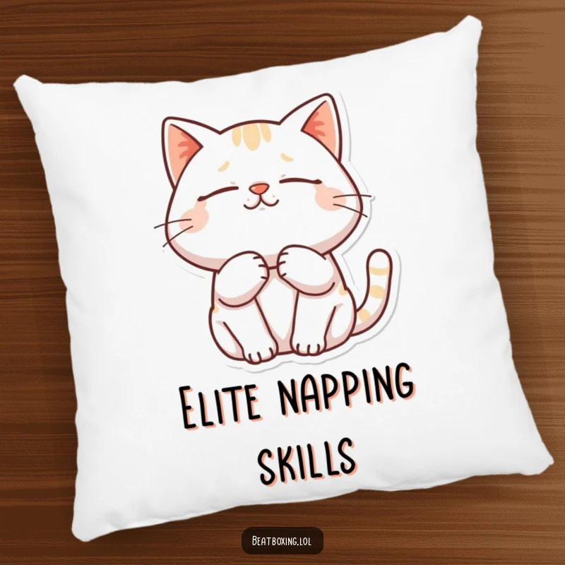 Funny pillow featuring a cat purring deeply with closed eyes and a profoundly contented expression.