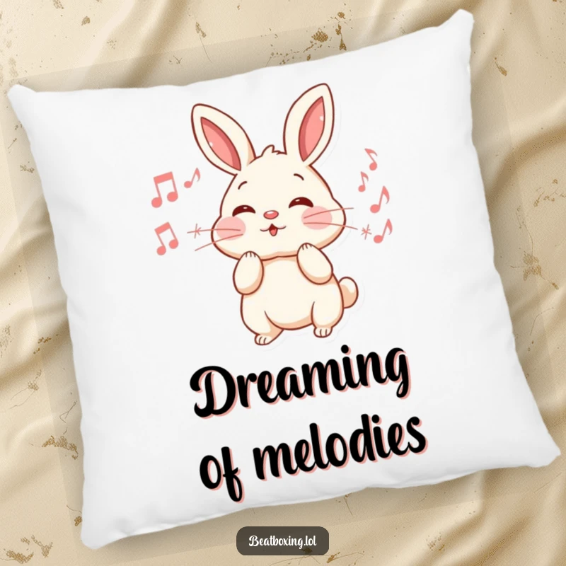 Funny Rabbit Pillow: An energetic rabbit puffs its cheeks, blowing out a stream of musical notes, bringing cozy, musical humor.