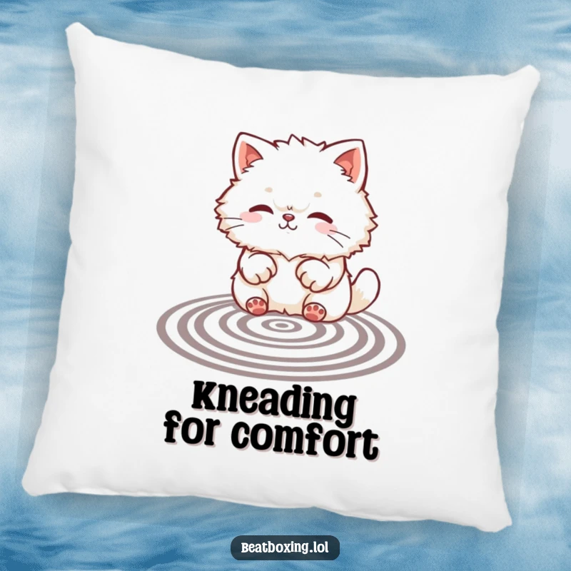 Funny pillow featuring a fluffy cat creating rhythmic patterns with its paws, offering cute comfort and a touch of funny artistry.