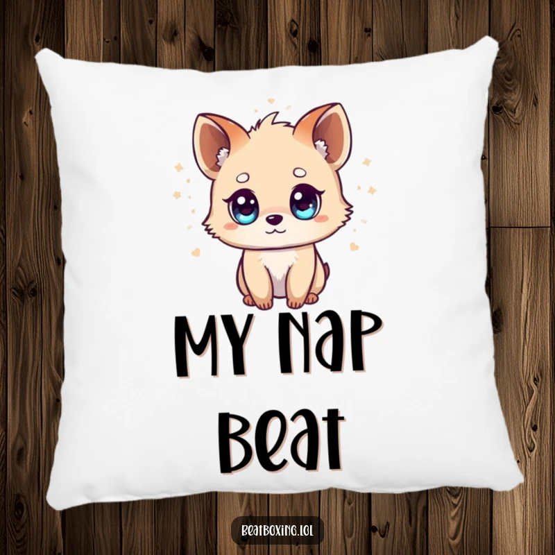 Funny Tiny Animal Pillow: A cute, small animal with bright, expressive eyes, with music beats radiating outwards, perfect for comfort.