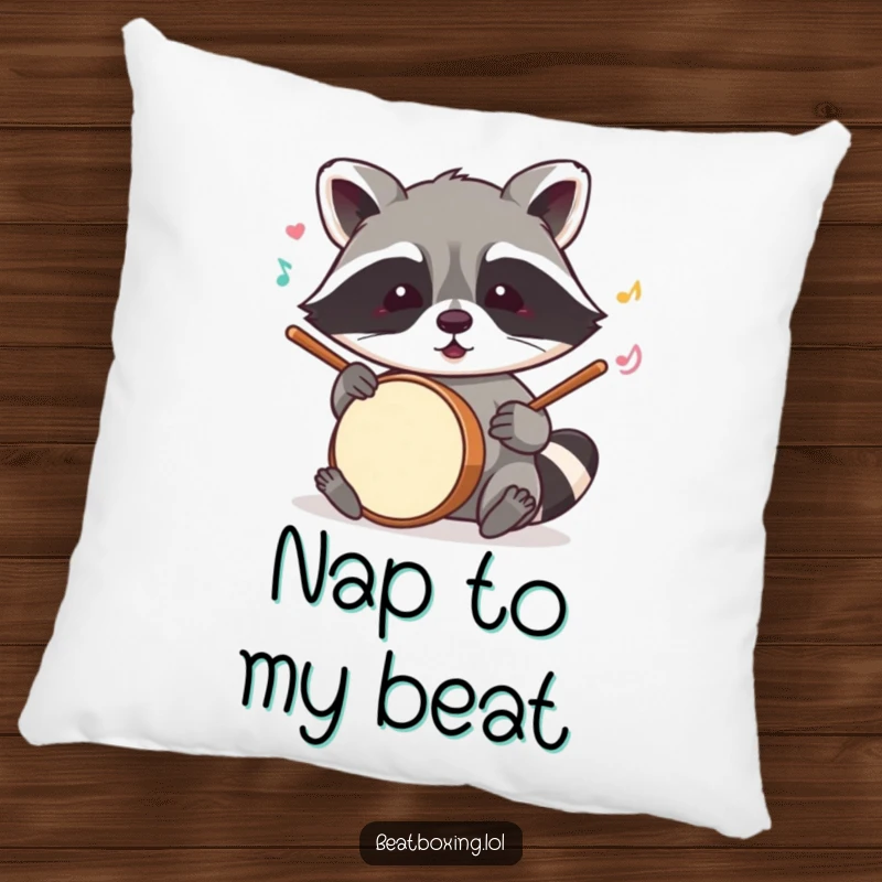 Funny raccoon pillow featuring a mischievous character mimicking drum sounds with its paws, a soft and humorous accent.
