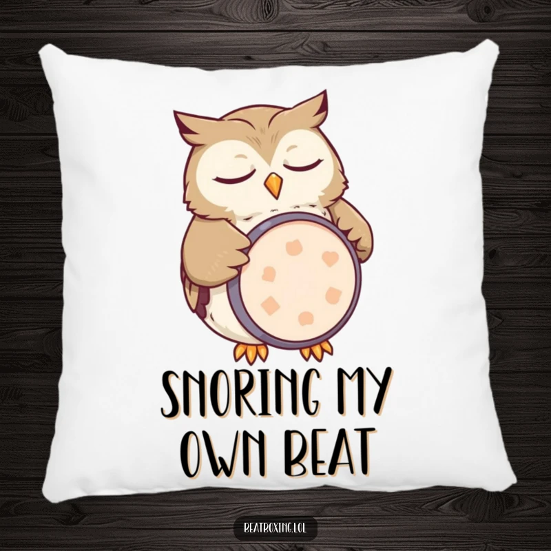 Funny owl pillow featuring a sleepy character mimicking a kick drum with its belly, a soft and humorous accent.