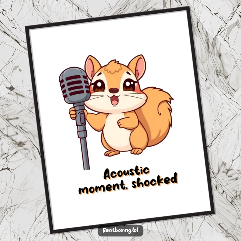 Funny digital art print of a surprised squirrel peeking from behind a microphone stand, perfect for instant humorous decor.