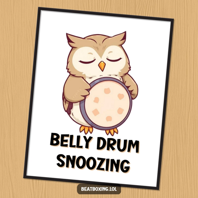 Funny owl digital art print showing a sleepy character mimicking a kick drum with its belly, a downloadable hilarious artwork.