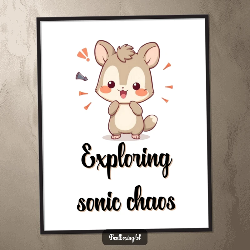 Funny digital art print of a curious animal character playfully experimenting with a variety of sound effects.