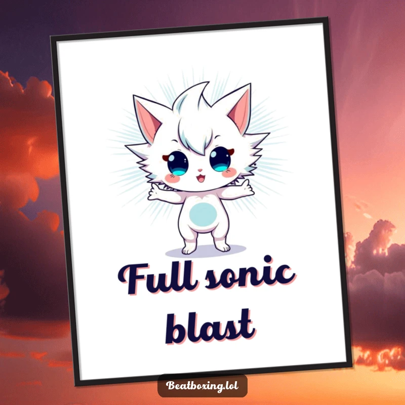 Funny Digital Art Print of a character in an energetic stance, radiating powerful sonic vibrations, high-resolution download.