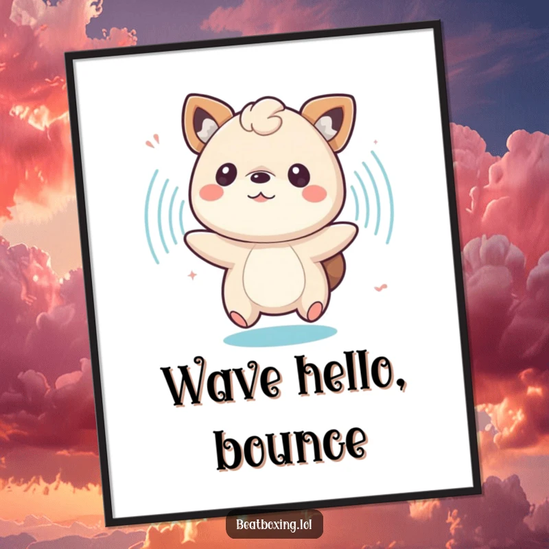 Funny digital art print of a bouncing animal character surrounded by pulsing sound waves, symbolizing pure celebration.