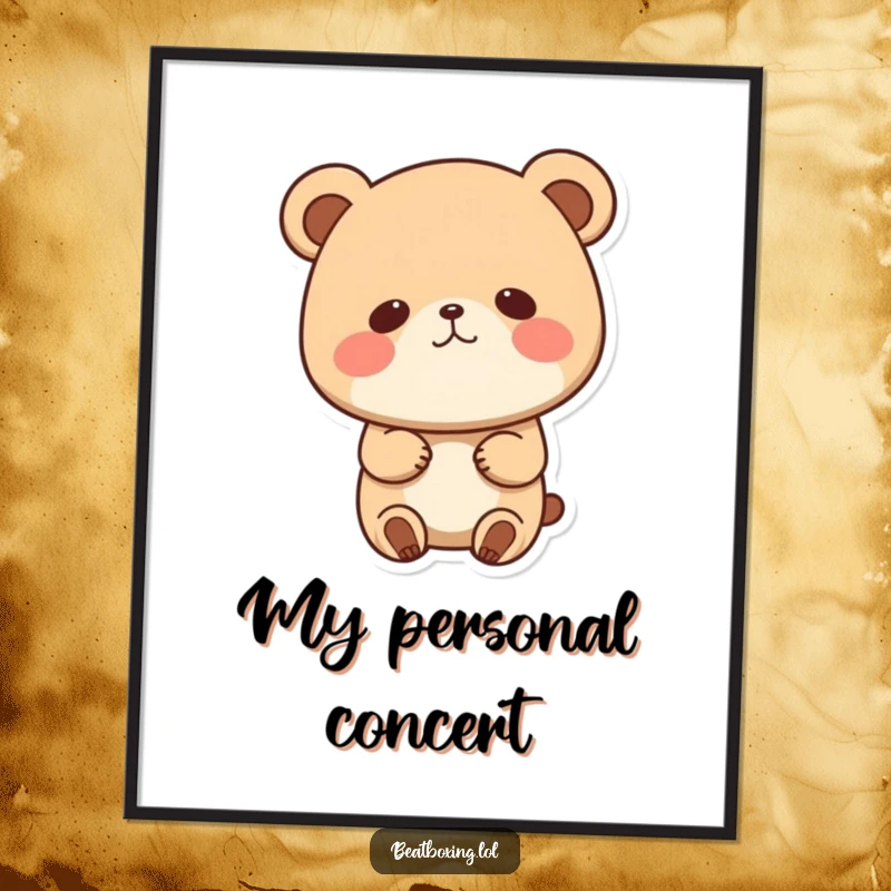Funny digital art print of a cute bear character bobbing its head to music, cheeks puffed, a joyful and humorous piece.