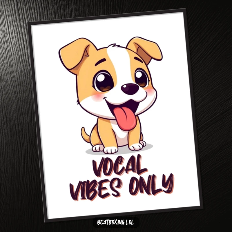 Funny digital art print of a cute dog character barking with its tongue hanging out.