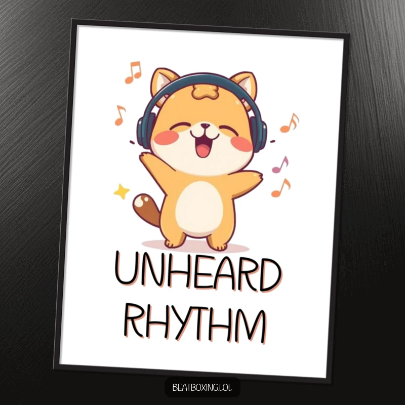 Funny digital art print of a happy animal character energetically bobbing its head, a vibrant and musical piece of decor.