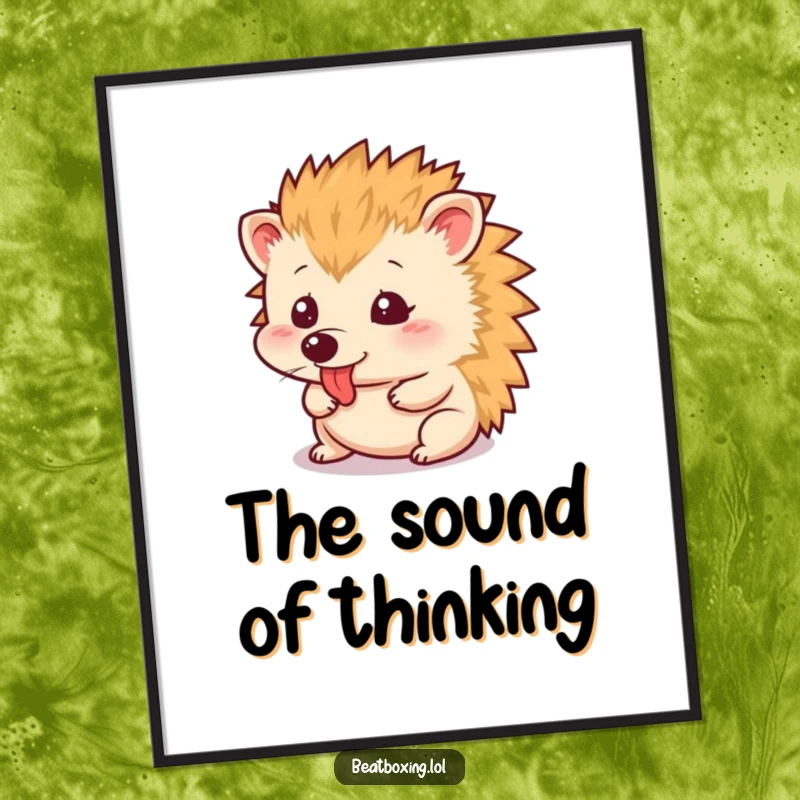 Funny Digital Art Print of a small hedgehog making a rapid tongue clicking sound, offering instant humorous wall decor.