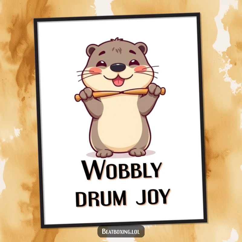 Funny digital art print of a cheerful otter wobbily balancing drumsticks on its nose, bringing playful percussion to any space.