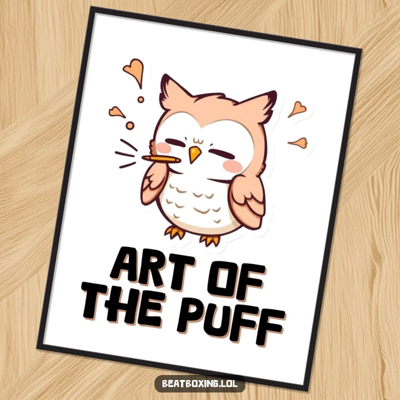 Funny Owl Digital Art Print: A small owl character blowing air out for a 'p' sound, perfect for immediate humorous digital display.