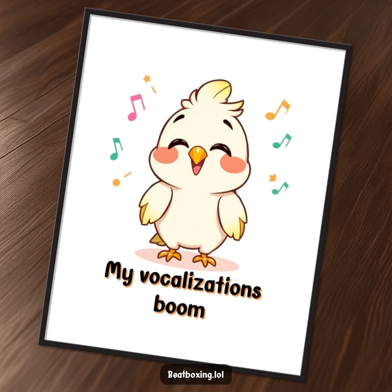 Funny digital art print of a giggling parrot character mimicking sounds with rapid clicks and pops, a vibrant and humorous piece.