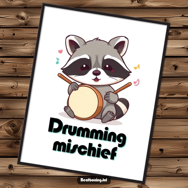 Funny raccoon digital art print showing a mischievous character mimicking drum sounds with its paws, a downloadable hilarious artwork.