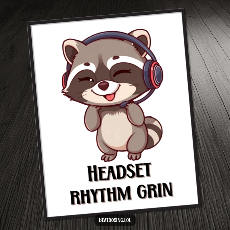 Funny digital art print of a winking raccoon adjusting a headset with a rhythmic grin, perfect for instant gamer decor.