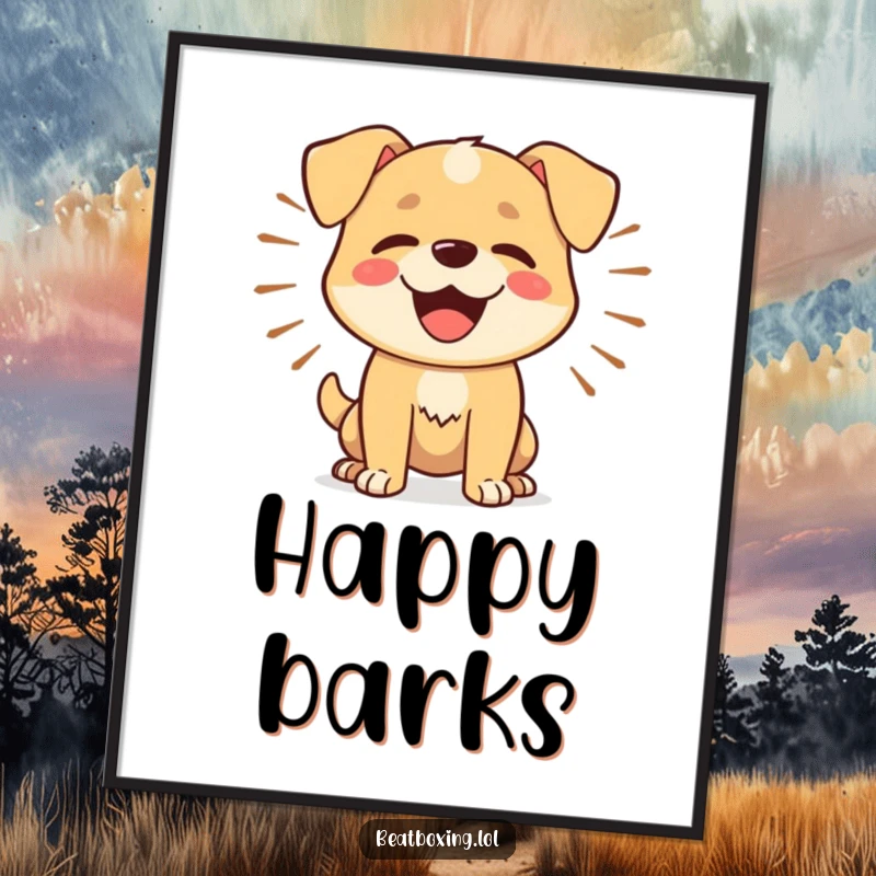 Funny Dog Barker Digital Art Print: High-resolution art of a happy dog barking rhythmically with sound waves emanating outward.