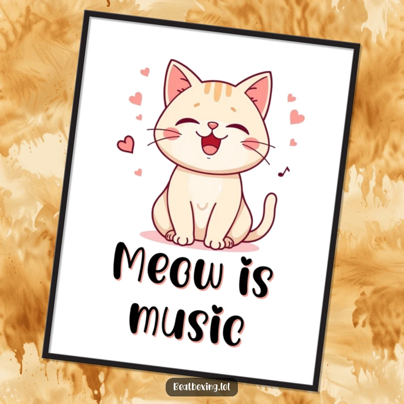 Funny Purring Cat Digital Art Print featuring a happy cat character purring with a steady beat, for instant serene humorous decor.