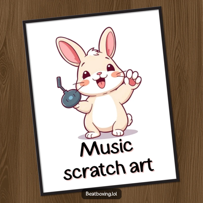 Funny digital art print of a delighted rabbit performing a record scratch, bringing lively DJ vibes to any setting.