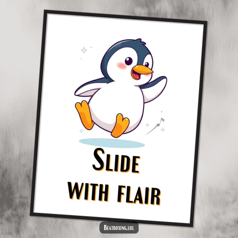 Funny Cool Penguin Digital Art Print featuring a stylish penguin character sliding and spinning with flair, for instant chic humorous decor.