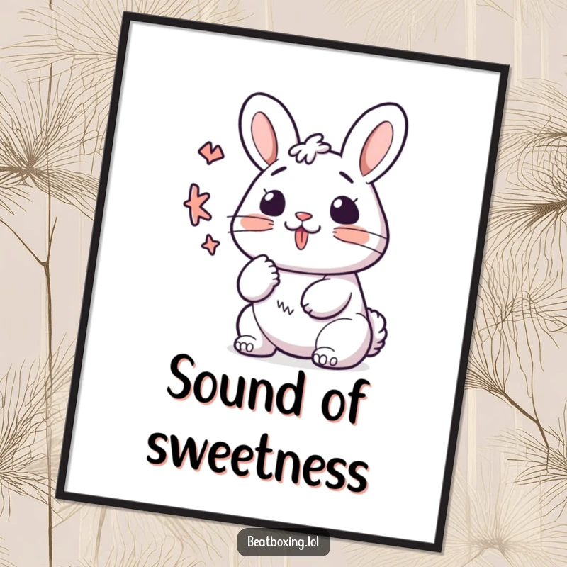 Funny kawaii bunny digital art print, lips forming a 'K' sound rhythmically, cute musical decor.