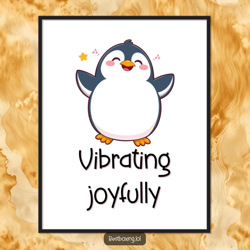 Funny penguin digital art print showing a joyous character vibrating with internal rhythm and hip movements, a downloadable hilarious artwork.