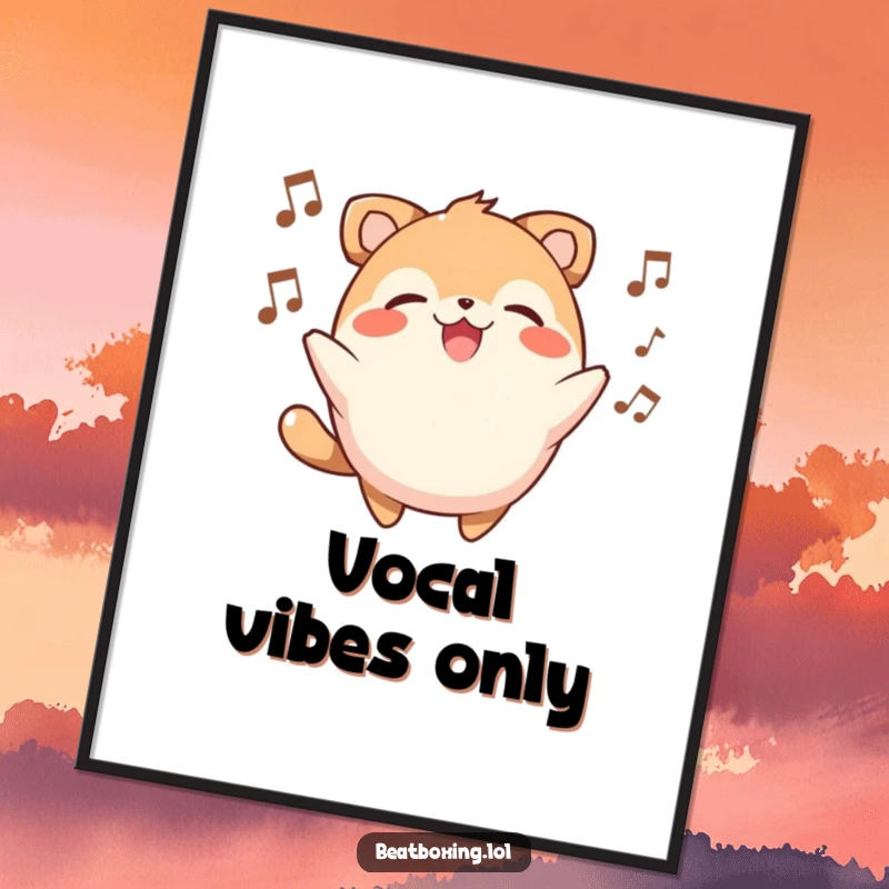 Funny digital art print of a round, smiling animal character beatboxing, capturing pure musical joy.