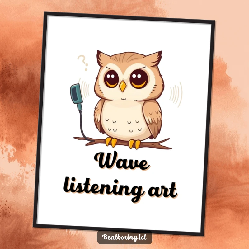 Funny digital art print of a thoughtful owl intently listening to a synthesized sound wave, great for thoughtful decor.