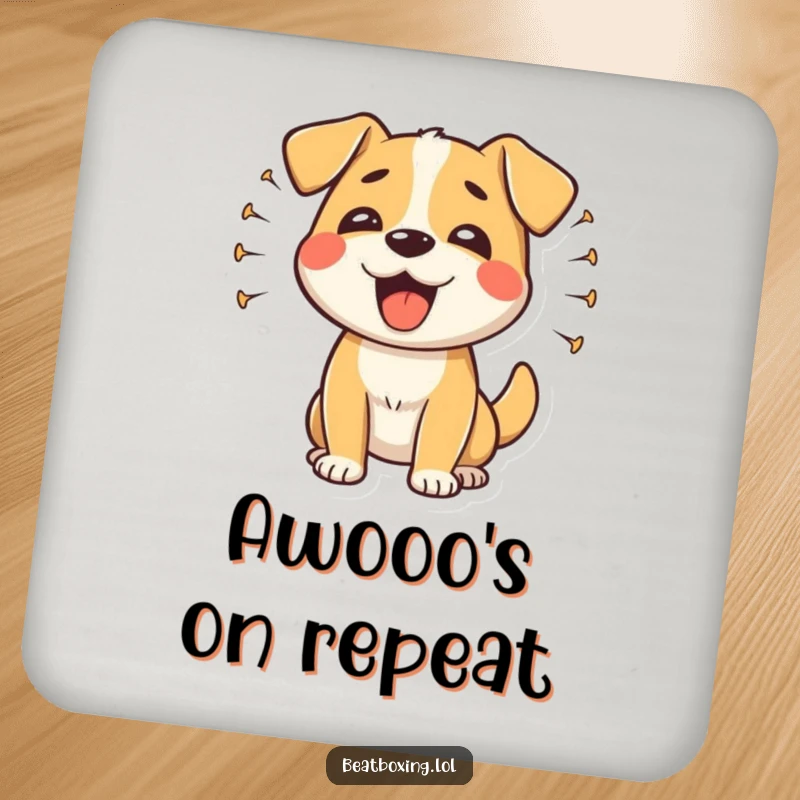 Funny happy dog coasters with sound waves from rhythmic barks, a humorous and protective table accessory.
