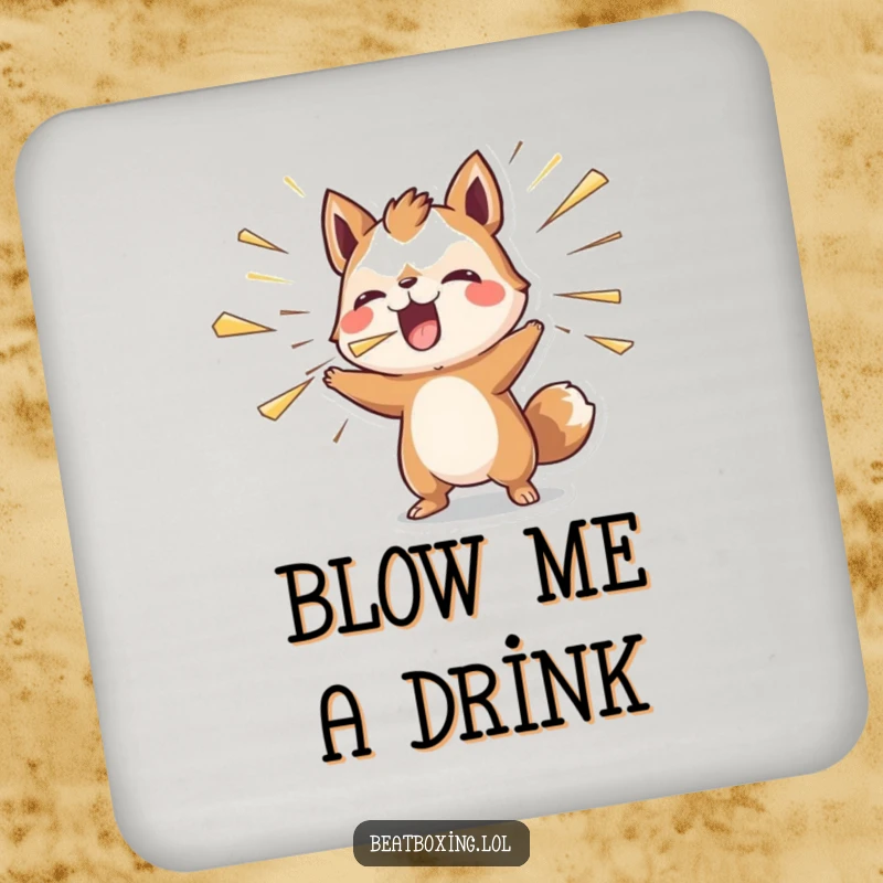 Funny drink coaster featuring an animal character blowing air outwards rhythmically, for surfaces and style.