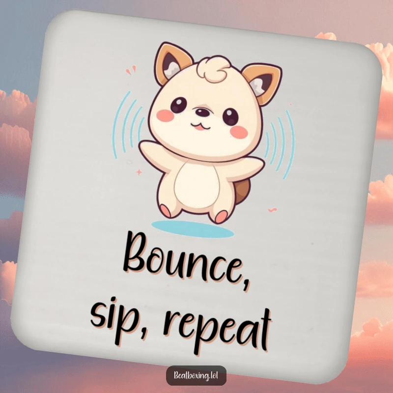 Funny drink coaster featuring a bouncing animal character surrounded by pulsing sound waves, for surfaces and style.