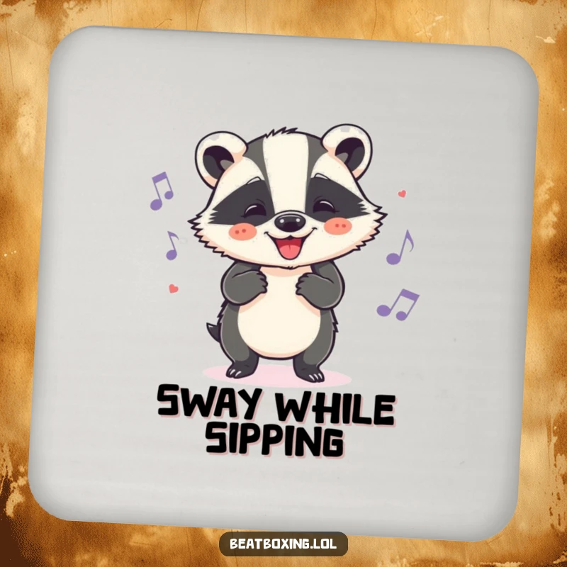 Funny badger coaster featuring a cheerful character grooving to a beat with head nods, a humorous and functional accessory.