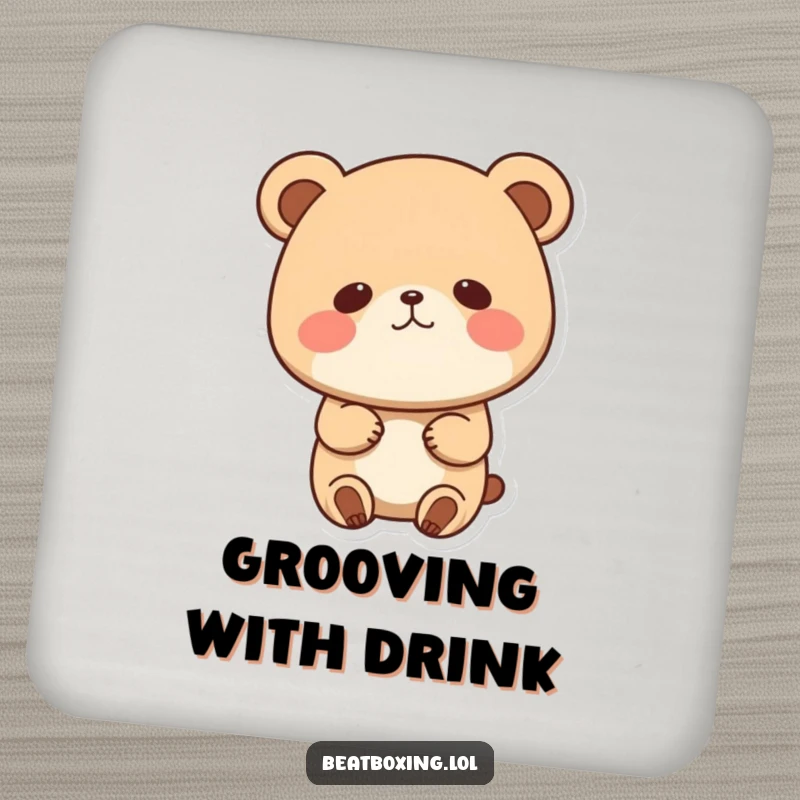 Funny drink coaster with a cute bear character bobbing its head to music, cheeks puffed, adding humor to any table setting.