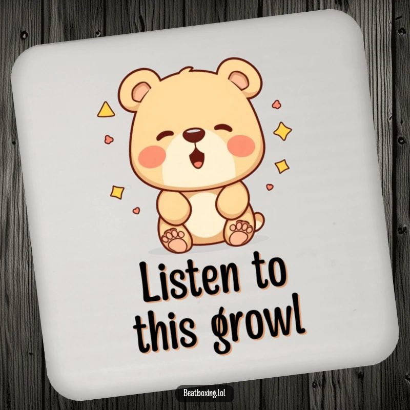 Funny bear coasters featuring a curious bear experimenting with unique mouth shapes for sounds, a humorous table accessory.