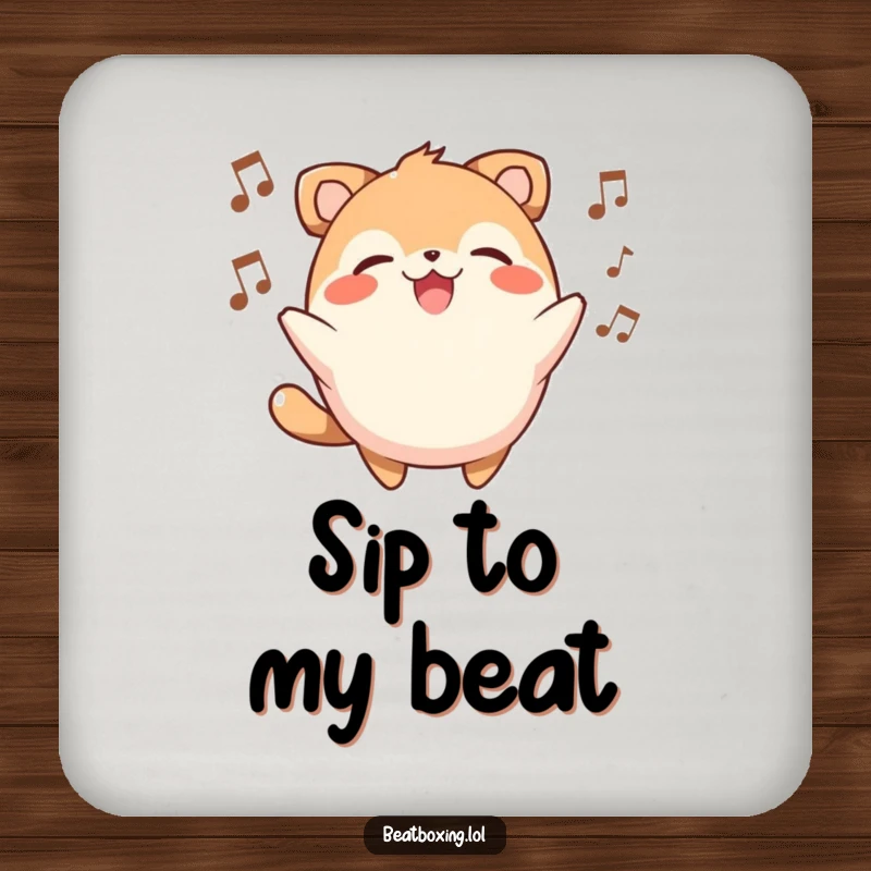 Funny drink coaster with a round, smiling animal character beatboxing, adding a musical flair.