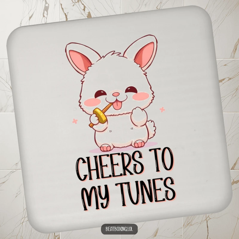 Funny drink coaster with a fluffy bunny character enthusiastically beatboxing. Protects surfaces and adds musical humor.