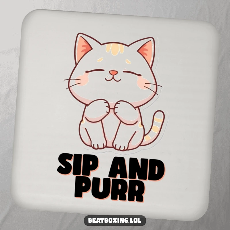 Funny drink coaster showcasing a cat purring deeply with eyes closed in a state of contentment.