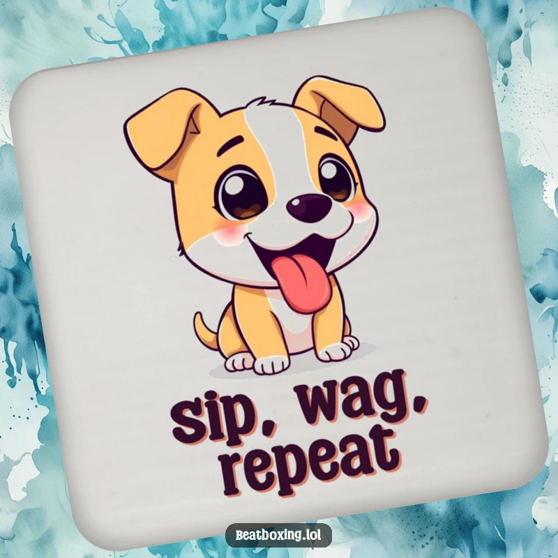 Funny drink coaster showcasing an excited dog character barking with its tongue out.